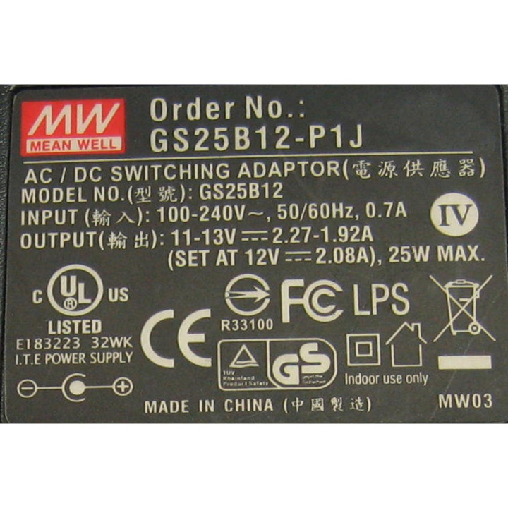 MEAN WELL GS25B12 - Alimentatore 11-13V - 2.27 1.92A (SET AT 12V 2.08A) - 25W MAX - Nero