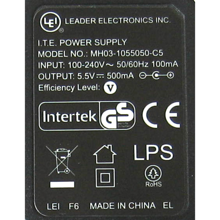 LEADER ELECTRONICS 0432-01C7000 - Alimentatore 5,5V 500MA 50/60HZ - Mod. MH03-1055050-C5 - Nero