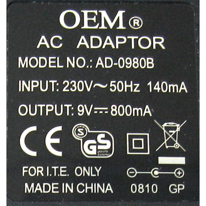 OEM - Alimentatore 9V. 800MA. 50HZ. - Mod. AD-0980B - Nero