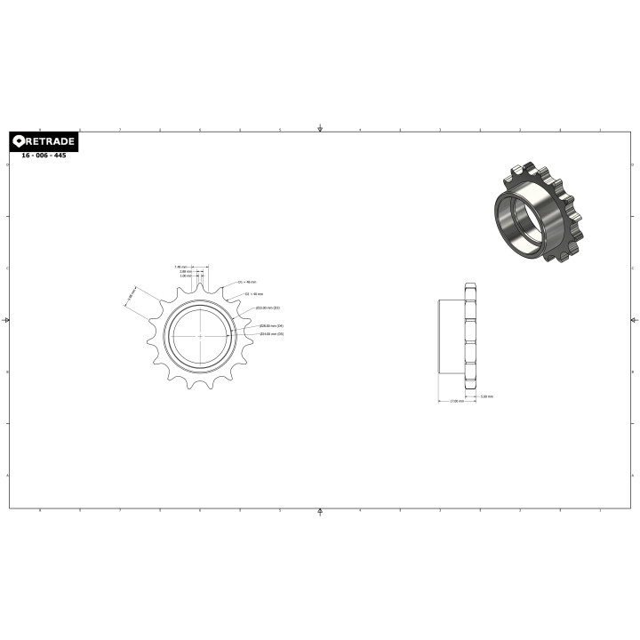 CNC 3D - Pignone/Corona/Ingranaggio per Catena - 15 Denti da 2.88mm Passo 9.98mm