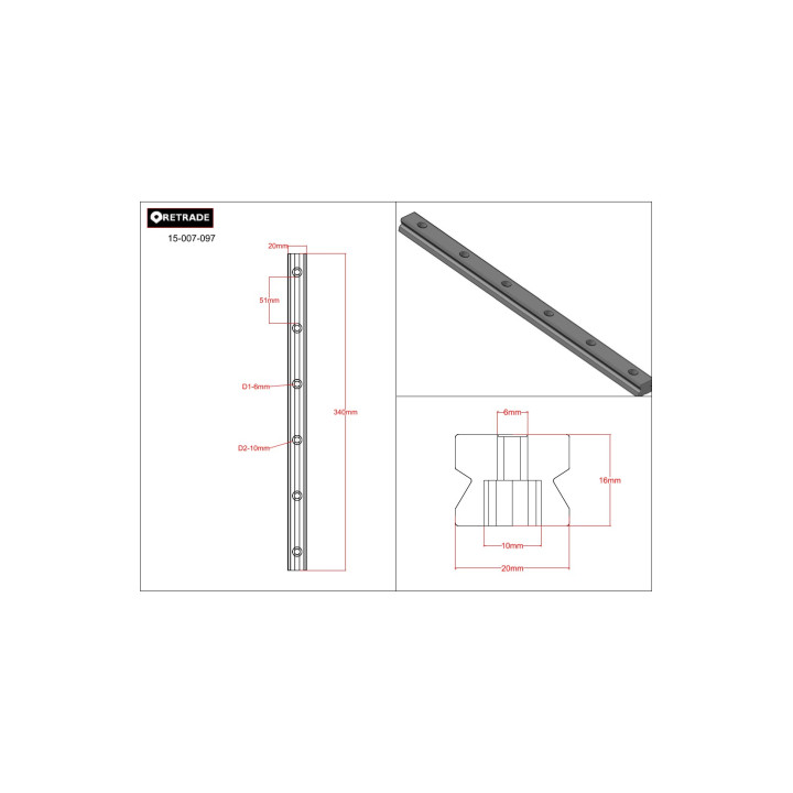 CNC 3D - Binario di Corsa per Cuscinetti 20x16mm - L 340mm