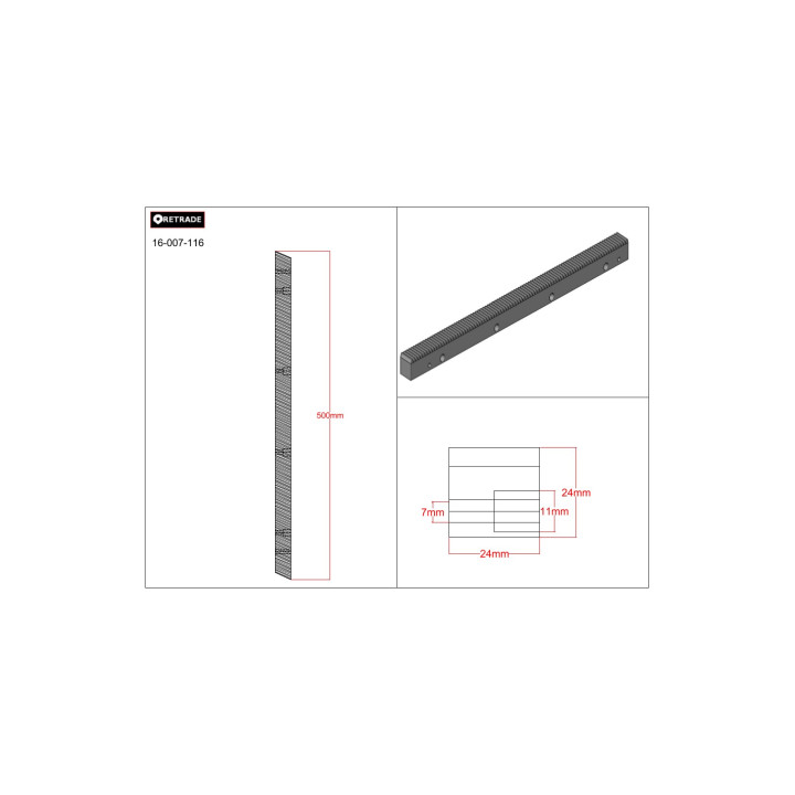 CNC 3D - Cremagliera 24x24mm - L 500mm