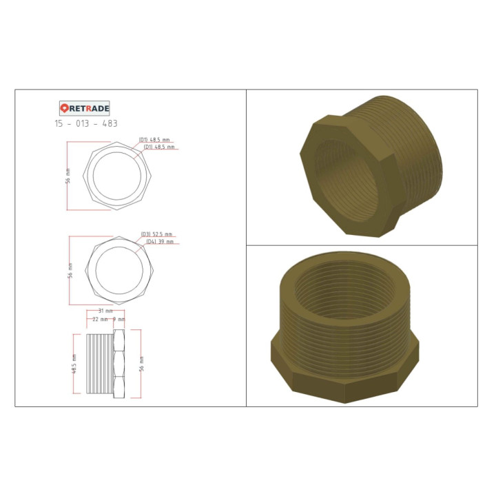 CNC 3D - Raccordo Riduzione in Ottone Maschio/Femmina