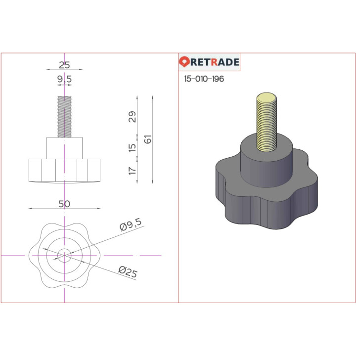 CNC 3D - Pomello Zigrinato Manopola Vite di Serraggio