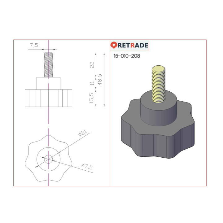 CNC 3D - Pomello Zigrinato Manopola Vite di Serraggio