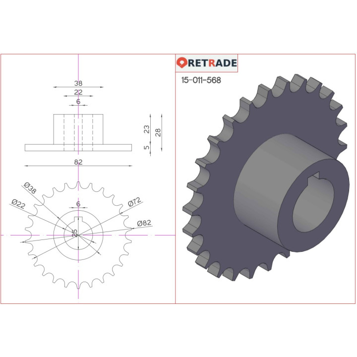 CNC 3D - Pignone/Coreno/Ingranaggio per Catena - 26 Denti
