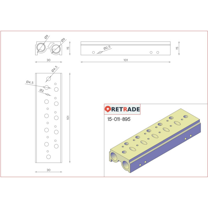 CNC 3D - Distributore Aria con 10+4 Vie in Alluminio 30x100x15mm