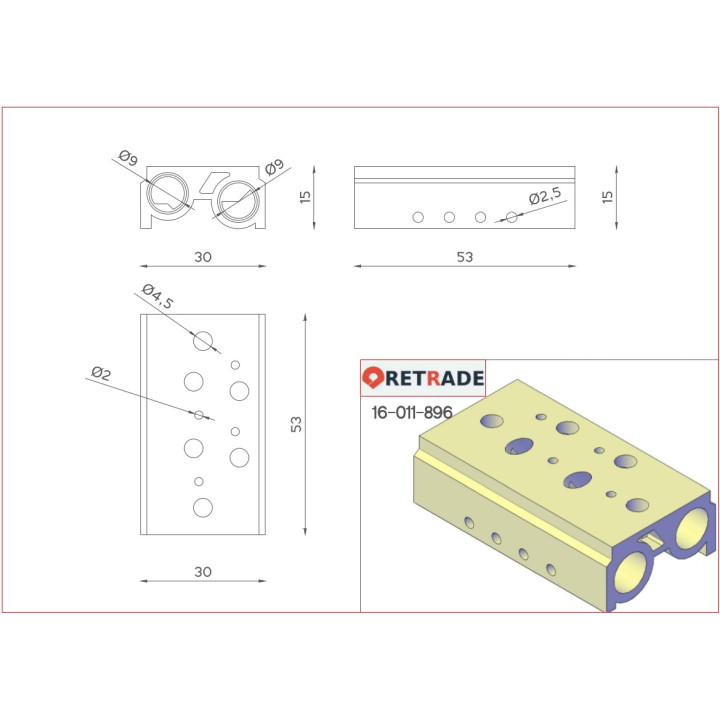 CNC 3D - Distributore Aria con 4+4 Vie in Alluminio 30x53x15mm