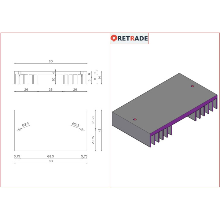 Dissipatore di Raffreddamento in Alluminio NERO 80x45x14mm