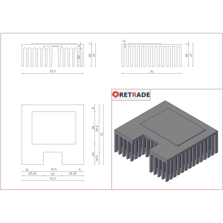 Dissipatore di Raffreddamento in Alluminio NERO 72.5x70x27mm