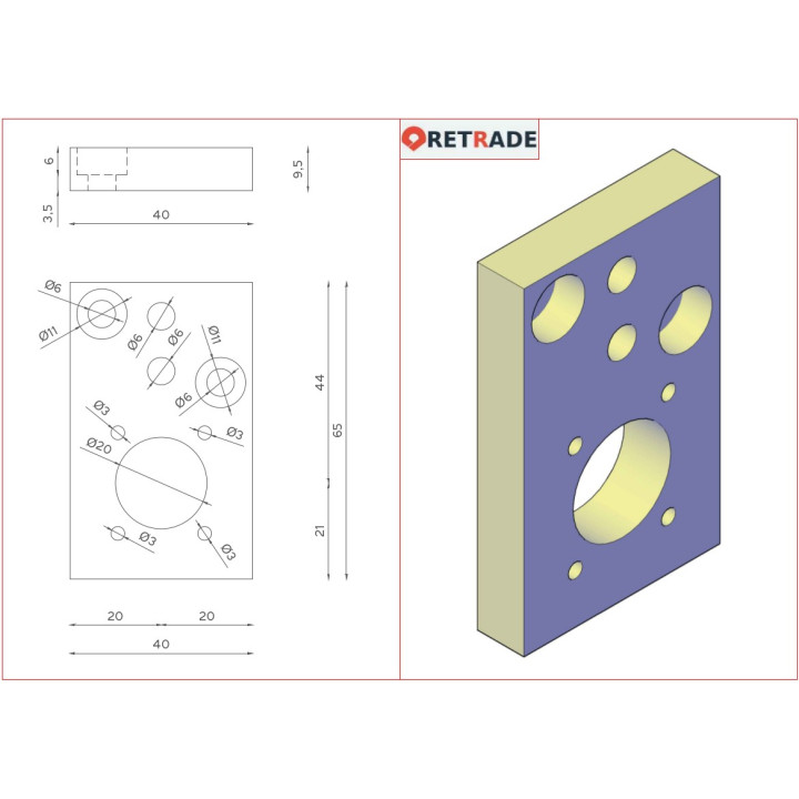 Flangia di Supporto per Motore in Alluminio 65x40x9.5mm