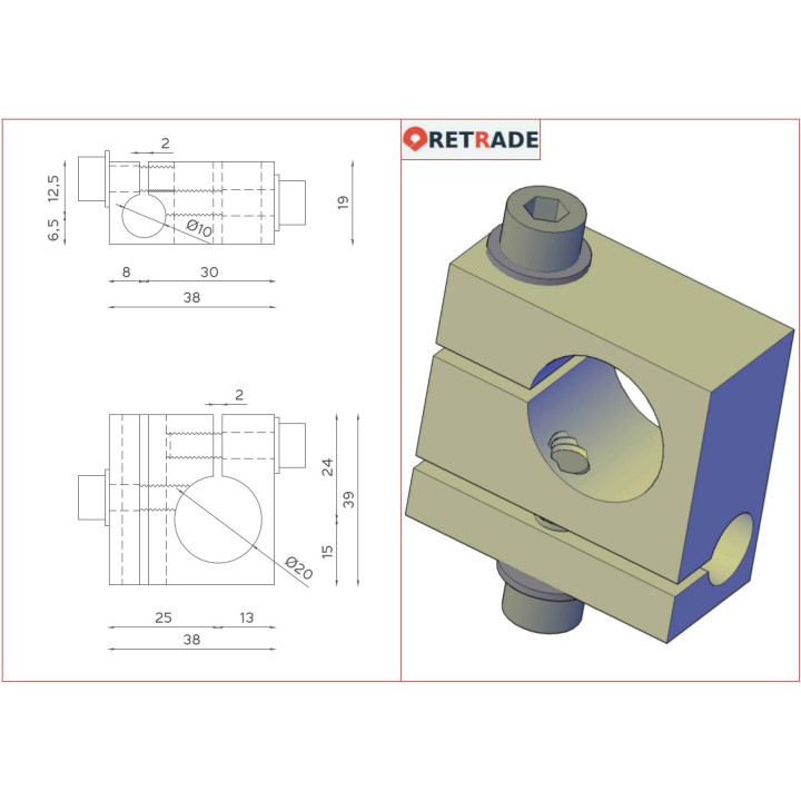 Blocco di Supporto per Albero 38x39x19mm