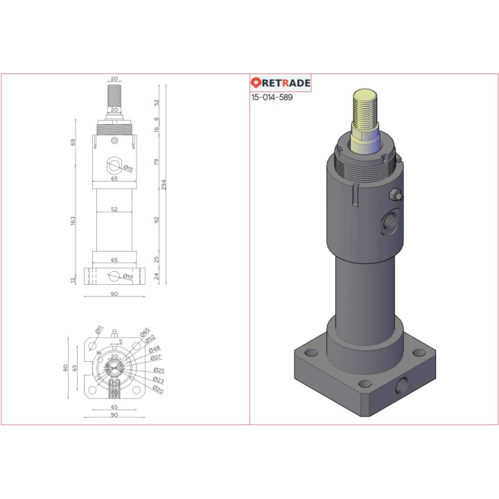 Cilindro Idraulico a Profilo Tondo Doppio Effetto - Attaco 3/8"