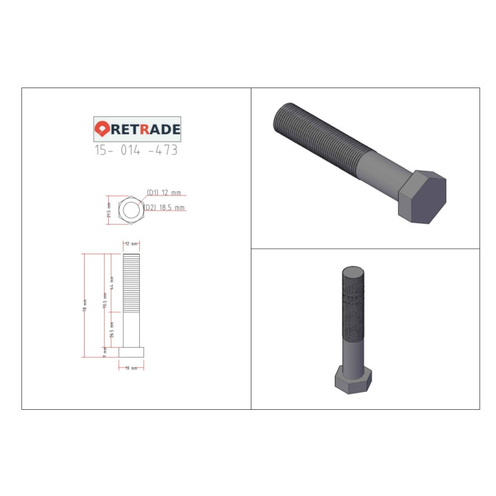 4x Viti a Testa Esagonale M12x1.75 - Acciaio