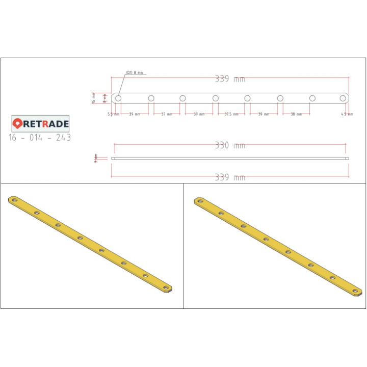 Landa Forata in Bronzo 340x15x3mm con Fori Ø8mm