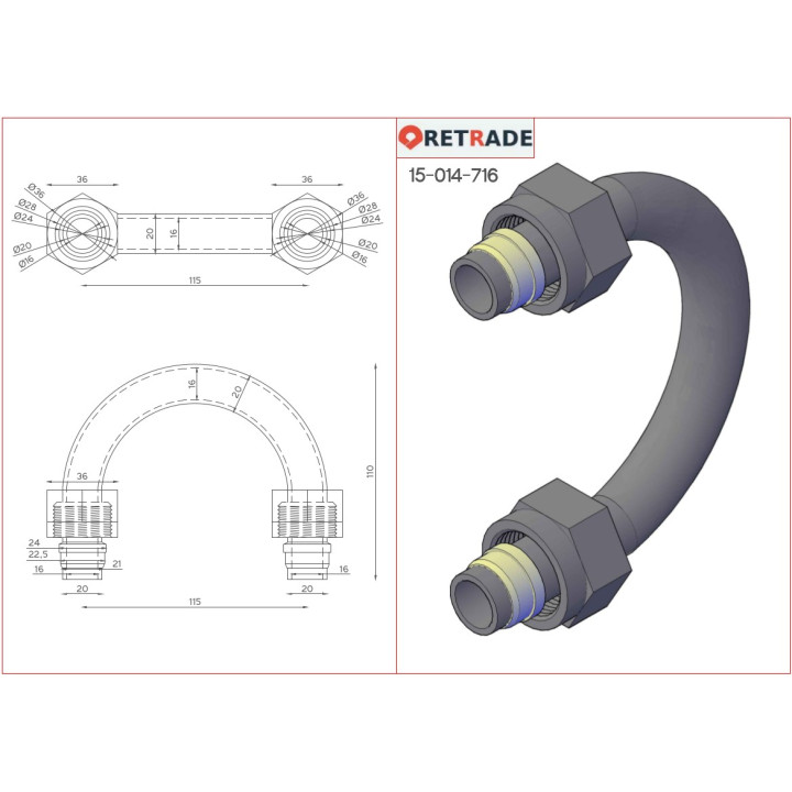 Tubo di Olio ad Alta Pressione Forma aU , Attaco Femmina 1-1/8