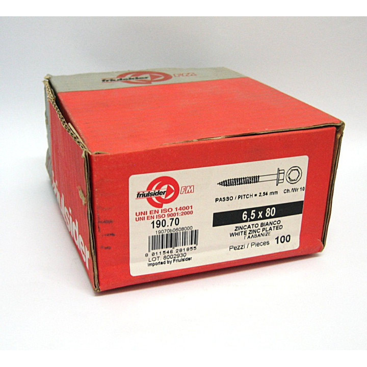 100 pz. Vite Testa Esagonale Ch10 Passo2.54mm M6.5x80mm