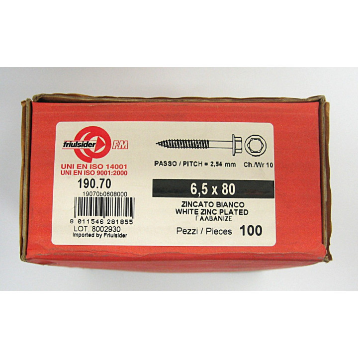 Vite Testa Esagonale Ch10 Passo2.54mm Zincato Bianco Gambo Parz. Filettato M6.5x80mm