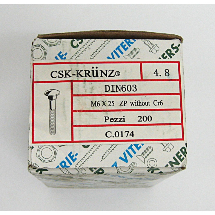 200 pz. Vite/Bullone Collo Quadrato  DIN603 Zincato M6x25mm