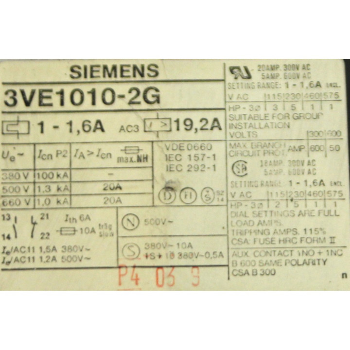 SIEMENS 3VE1010-2G - Motore Avviatore