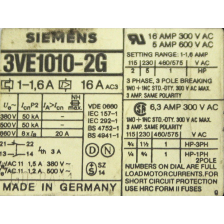 SIEMENS 3VE1010-2G - Motore Avviatore - Rosso/Verde