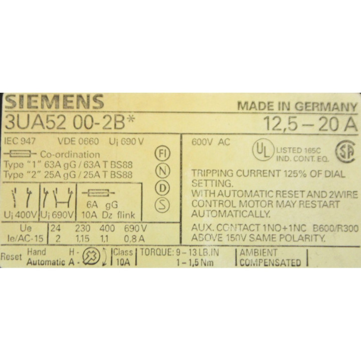 SIEMENS 3UA52 00-2B - Relé di Sovraccarico 12.5-20A