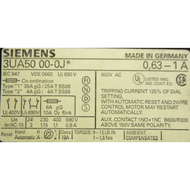 SIEMENS 3UA50 00-0J - Relé di Sovraccarico 0.63-1A