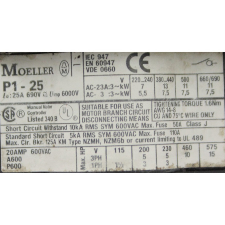 MOELLER P1-25 - Disconnect Switch 25A 690VAC