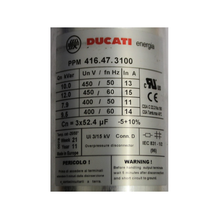 DUCATI PPM-416-47-3100 Condensatore Industriale - 7.9/9.5/12/10 KVar - 400/450V - 50/60Hz -11/13/14/15A