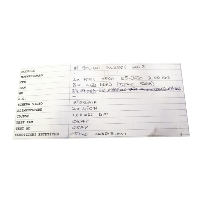 Server HP Proliant DL380P Gen 8 - 8 x 4GB Ram DDR3 (32GB) - 2 x Intel Xeon E5 2620 - 2 x PSU 460W - Lettore DVD