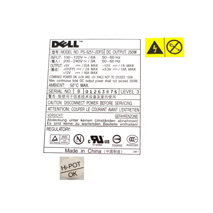 DELL - Alimentatore per PC Desktop Fisso Dell Dimension Optiplex PSU 250 W. - Mod. PS-5251-2DFS - Grigio