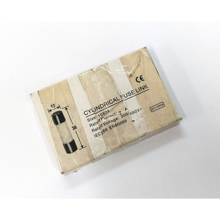 10Pz Fusibili Cilindrici 10x38 2A 500V VDE0636 IEC269