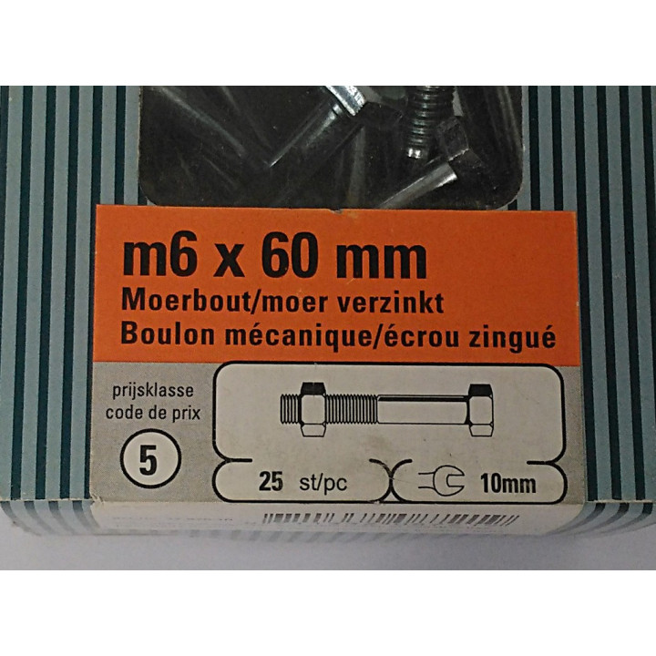 STARX 47.976.10 - 25 x Bullone Testa Esagonale + Dado M6x60mm - Zincato