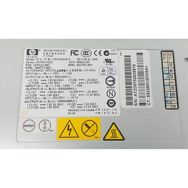 HP 379123-001 - Alimentatore DPS-800GB A 100V 10A 850/1000W
